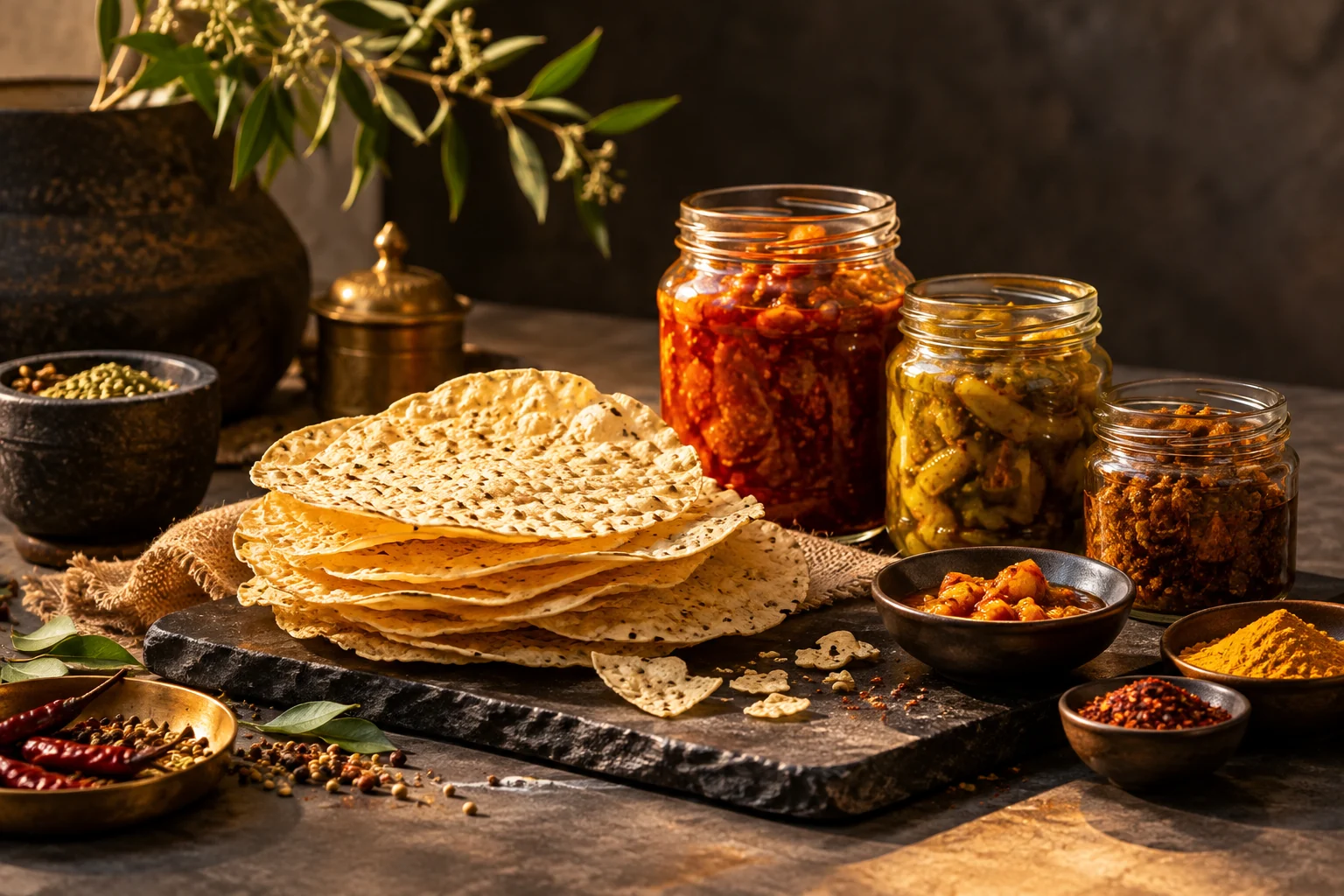 Editorial still life of papad, pickles, spices and serving vessels on a dark stone surface