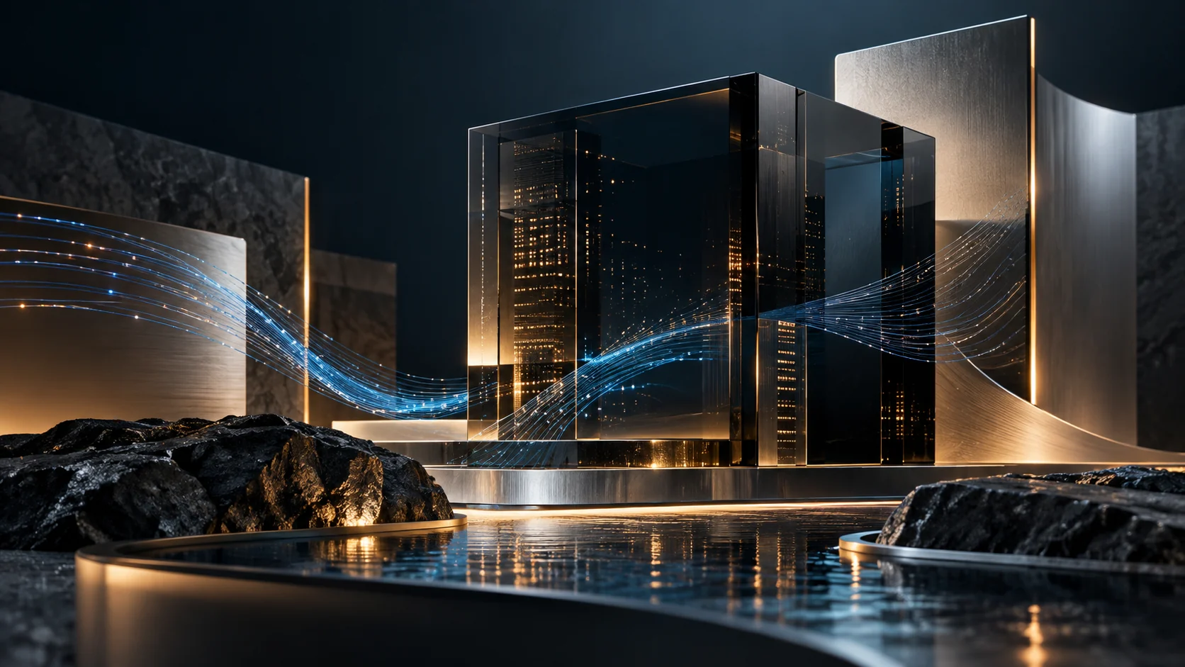 Original cinematic artwork of a glass technology structure traced by blue data-light lines