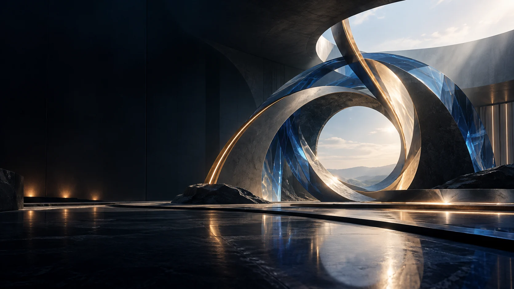 Sculptural architectural gateway opening toward a horizon